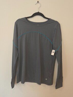 NWT GapBodyFit Gray & Teal Keyhole Long Sleeve Crewneck Top Size L